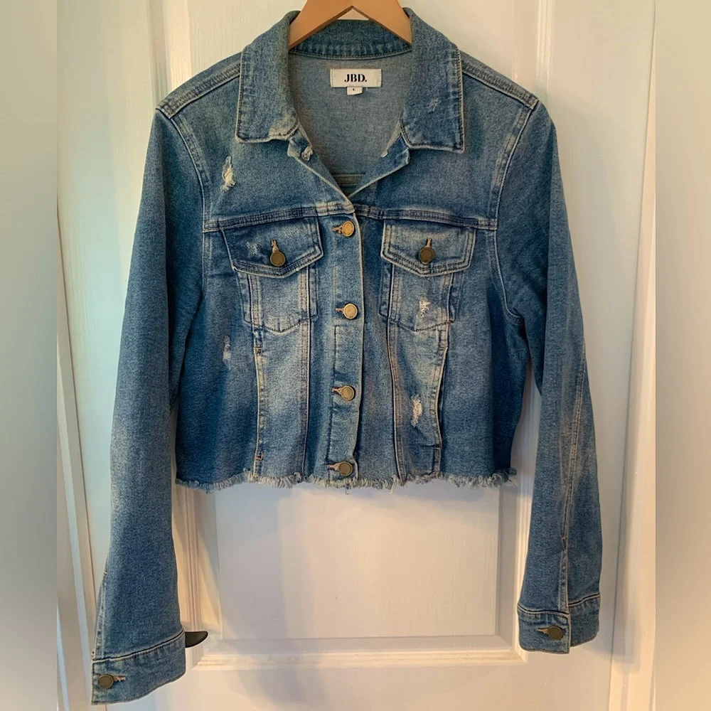 Just Black Denim Dark Wash Semi Destroyed Jean Jacket Front Pockets Crop - Large - Picture 1 of 10